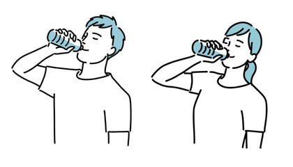 熱中症予防でペットボトルに入った水を飲む健康的な男女のイラスト