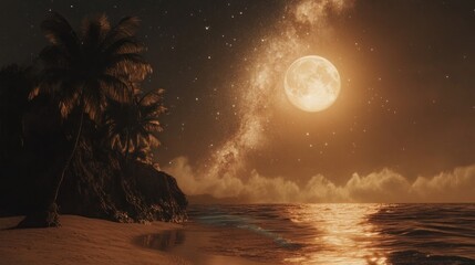 Tropical beach at night under a bright moon and milky way