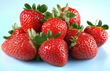 A Pile of Fresh, Ripe Strawberries Against a Light Blue Background: Studio Photography Showcasing the Delicious Look and Feel of the Fruit