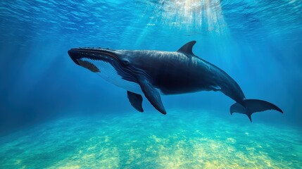 Obraz premium Ecological impact conservation recovery concept. Majestic whale swimming in a vibrant underwater scene.