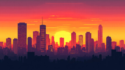 Vibrant city skyline at sunset with glowing orange and red sky silhouetting skyscrapers