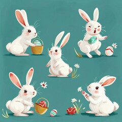 Playful Cartoon Bunnies with Easter Eggs and Colorful Decorations