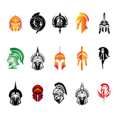 Collection of Spartan, Gladiator, and Roman Warrior Helmet Logos, Ancient Greek Soldier Head Icons, Military Tactical Armor Emblems in Modern Vector Art Style