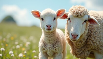Fototapeta premium Lamb and sheep standing in a field of wildflowers under a clear blue sky. Ideal for themes of nature, agriculture, and livestock