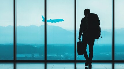 Fototapeta premium Solo Traveler, Air flight journey , Backpacker Walking Through Airport Terminal with Airplane in Background