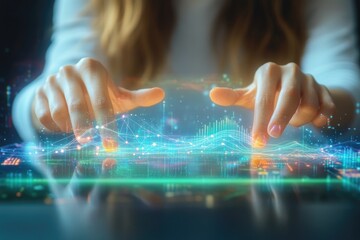 Woman interacts with holographic data visualization on a digital surface, showcasing futuristic technology.