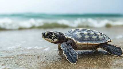 Obraz premium Ecological impact conservation recovery concept. Hatchling turtle crawling on the beach toward the ocean.
