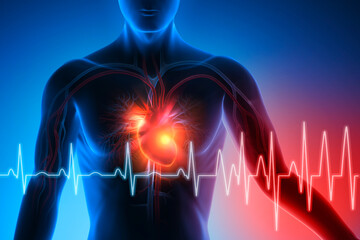 Man with heart attack with ECG graph against blue background conceptual artwork-3d illustration