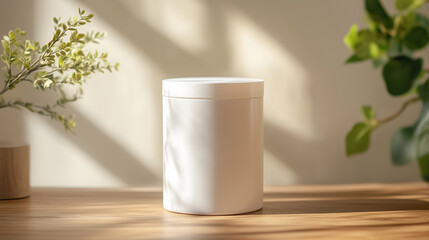 Minimalist white plastic jar with matte finish on a wooden surface with natural lighting