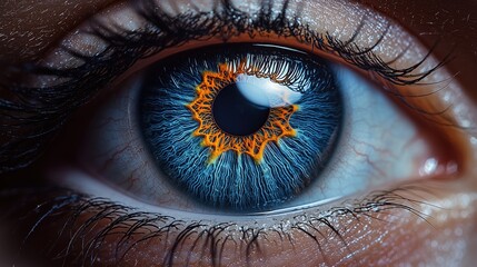 Detailed close-up of a vibrant blue eye with fiery orange patterns reflecting intricate textures and captivating colors