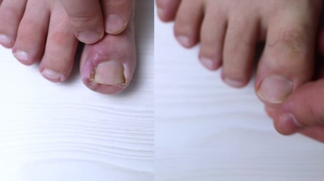 Before and after. Finger infection. Paronychia, onychomycosis, nail psoriasis, longitudinal melanonychia, onychomadesis and retronychia. Inflammation of the big toe. Treatment of purulent diseases.