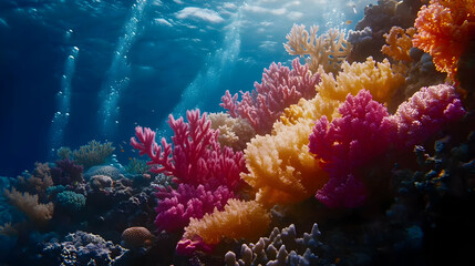 Naklejka premium Vibrant Coral Reef Undersea Scene with Sunlight and Bubbles