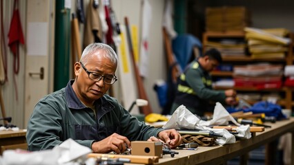 Concentrated Craftsman Assembling Wooden Parts in a Workshop