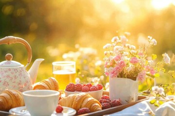 Spring Picnic Setup Featuring Warm Sunlight, Delicious Pastries, and Fresh Flowers in a Serene Outdoor Setting
