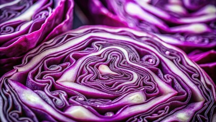Obraz premium Vibrant purple cabbage macro, sliced, bokeh-blurred background. Kitchen-ready, food photography.