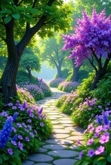 Naklejka premium A Serene Garden Path Winding Through Lush Blossoms and Verdant Trees on a Sunny Day