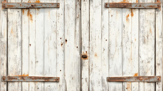 Rustic weathered wooden barn doors with rusty hinges and distressed white paint