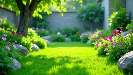 Obraz premium Serene Garden Oasis Lush Green Lawn, Vibrant Blooms, and Tranquil Stone Accents