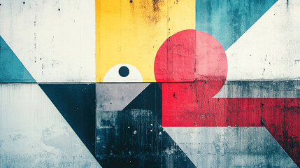 Naklejka premium Abstract geometric street art with bold colors and shapes on concrete wall