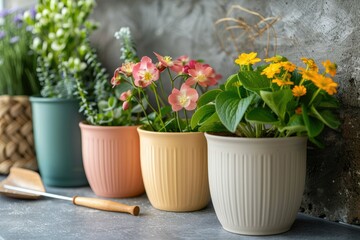Detailed Color Picture of Front View Flower Pots and Gardening Tools