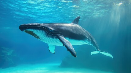 Fototapeta premium Ecological impact conservation recovery concept. Whale swimming gracefully underwater in bright blue ocean.