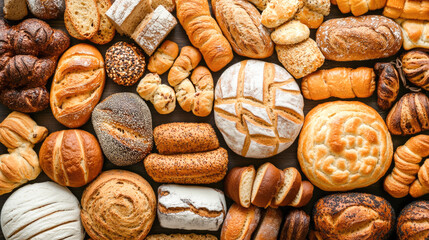 Assorted artisan breads displayed together in a colorful bakery variety
