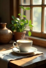 Warm morning sunlight streams through a window, illuminating a steaming cup of coffee on a rustic wooden table, beside a potted plant and earthenware vessel.