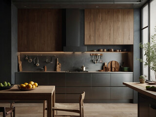 : Minimalist Modern Kitchen Interior with Warm Lighting and Sleek Design