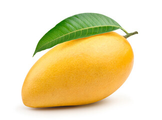 Ripe Mango with green leaf isolated on white background.