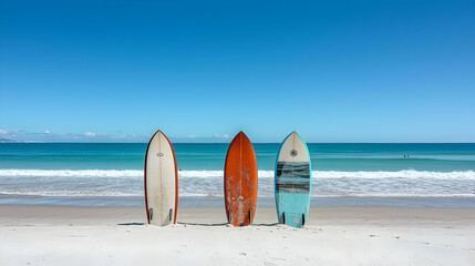 Three Surfboards on a White Sandy Beach with Turquoise Ocean and Blue Sky in Summer Sunlight