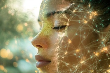 A woman's face is overlaid with a network of glowing nodes, representing digital transformation and connectivity.