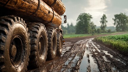 Heavy Logging Truck Carrying Large Timber Logs on a Muddy Rural Road After Rain
