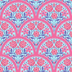 Floral bouquet arch seamless pattern. Scallop half circle geometrical botanical ornament. Art nouveau stylized hand drawn pink flowers and leaves on blue background. Repeat allover backdrop