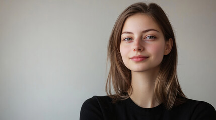 Fototapeta premium Studio portrait of a smiling young woman with long brown hair, conveying confidence and natural beauty, with space for text