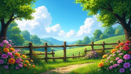 Fototapeta premium A Serene Pastoral Scene Rolling Hills, Vibrant Blooms, and a Rustic Wooden Fence on a Sunny Day