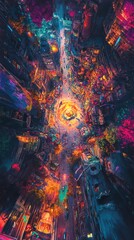Obraz premium Vibrant, surreal cityscape at night. A bird's-eye view of a neon-lit, futuristic metropolis with swirling energy.