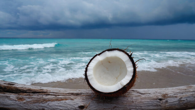 Coconut on beach with ocean waves and cloudy sky, evoking tranquility