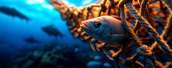 Ocean Fish Entangled in Fishing Net Underwater Scene