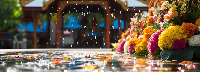 A Songkran-inspired podium with vibrant floral decorations and water droplets on the surface, placed in a festive Thai village setting