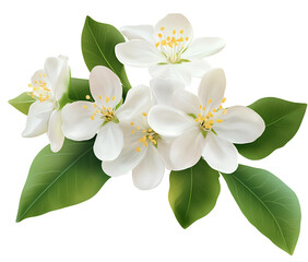 Obraz premium White lemon blossom flower with green leaves on a transparent background, cutout PNG file