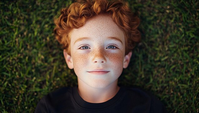Ginger Boy's Green Meadow Moments: A close-up shot capturing a charming boy with a mop of curly ginger hair and freckled skin, reclining on a bed of vibrant green grass.