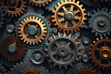 Intricate clockwork gears intermeshing, showcasing metallic textures and a steampunk aesthetic.