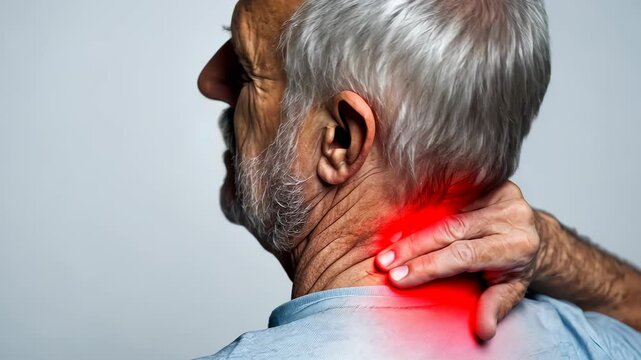 Mature male grimacing, neck discomfort highlighted in red, suggesting muscular tension or potential injury zone spinal problems video 4k