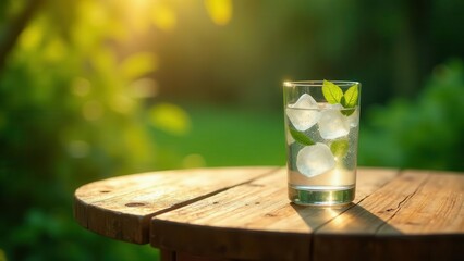 Refreshing Iced Beverage on Rustic Wooden Table in Sunlit Garden