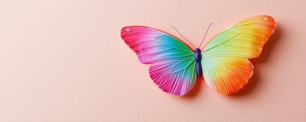 Obraz premium Rainbow Butterfly on Pastel Backdrop Creative Symbol of Transformation and Colorful Design Element