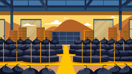 Countless bags of bitumen stacked neatly in a warehouse waiting to be used in the production process.. Vector illustration