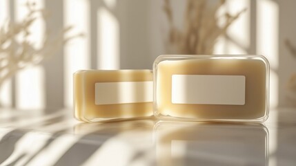 Blank mockup of label on transparent packaging for handmade soap bar, beige boho background. Two soap bars sitting on tabletop, warm summer shadows 