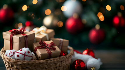 Christmas Gift Basket With Red Ornaments And Bokeh Lights