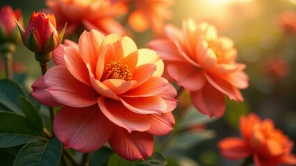 A vibrant coral flower blossoms in the warm sunlight, delicate petals unfurling in a breathtaking display of natural beauty, surrounded by other blooms in a garden setting.