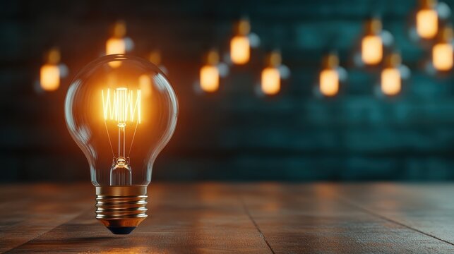 A warm light bulb placed on a wooden table emanates a soft glow, representing innovation and creativity, while blurred lights in the background enhance the ambiance. - Powered by Adobe